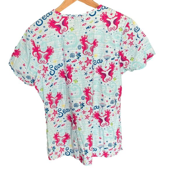 ZOE + CHLOE Bundle Two Tops Scrubs V Neck 100% Cotton Animals Cats Sea Horse , L - Picture 3 of 16